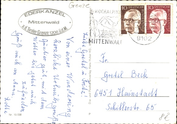 Postcard Mittenwald in Upper Bavaria, state border, Ederkanzel, terrace