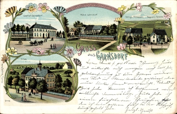 Litho Garnsdorf Lichtenau in Sachsen, Restaurant, Schmiede, Mühle, Gasthof, Schule