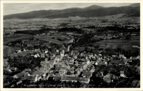 Postcard Hügelheim Müllheim in Baden Markgräflerland, Hügelheim from the plane, houses, fields, mountains