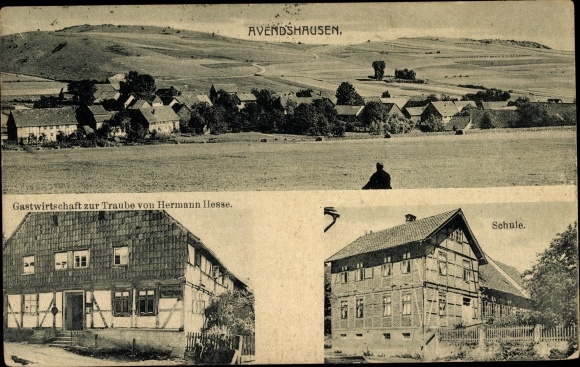 Ak Avendshausen Einbeck in Niedersachsen, Panorama, Gastwirtschaft zur Traube, Schule