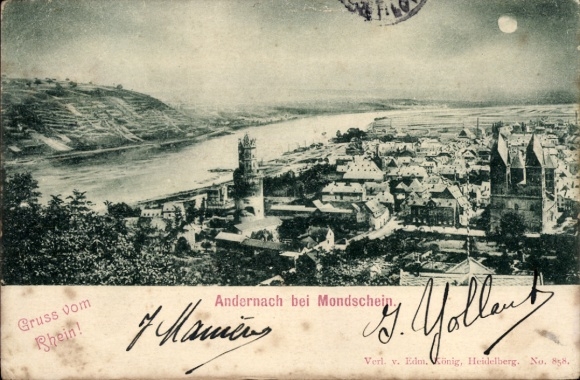 Postcard Andernach am Rhein, Greetings from the Rhine, Andernach by moonlight, river landscape, city view