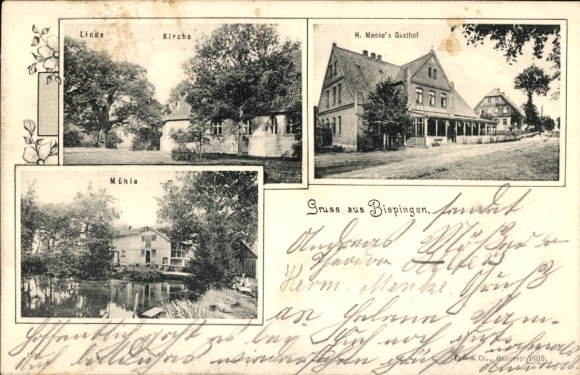 PC Bispingen in the Lüneburg Heath, linden tree, church, Gasthof H. Menke, mill