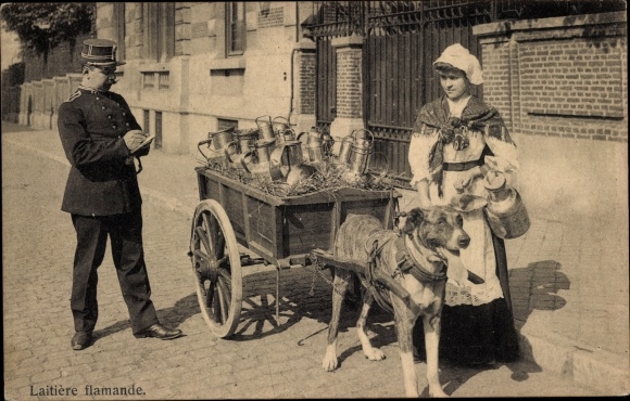 Postcard Laitiere flamande, milkmaid with dog cart, policeman