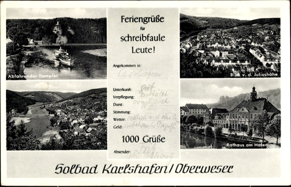Postcard Bad Karlshafen on the Weser, general view, departing steamers, town hall at the harbor