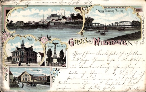 litho Nienburg an der Saale, Hertog Friedrichbrug, postkantoor, spoorzijde van het station, monument