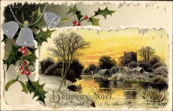 Ansichtkaart met reliëf Gefeliciteerd Kerstmis, River Lot, Holly, Bells