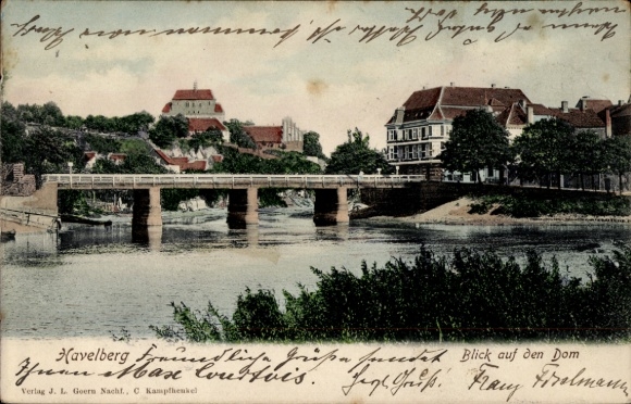 Postcard Havelberg in Saxony-Anhalt, bridge, cathedral, houses, river, landscape