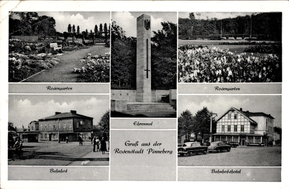 Ak Pinneberg in Schleswig Holstein, Rosengarten, Bahnhofshotel, Bahnhof, Ehrenmal