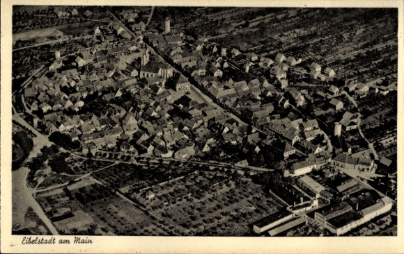 Postcard Eibelstadt in Lower Franconia, aerial view of Eibelstadt, numerous houses and the church