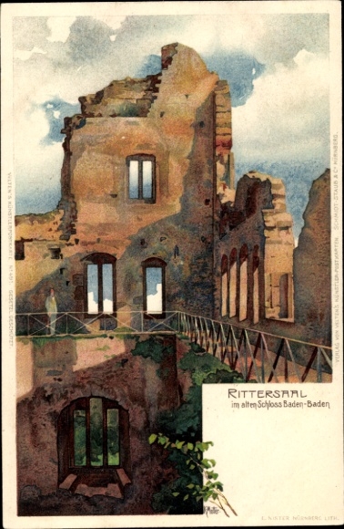 Kunstenaar litho Mutter, K., Baden Baden am Schwarzwald, ridderzaal in het oude kasteel, ruïnes