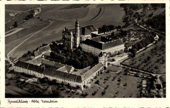 Postcard Neresheim in Württemberg, aerial photograph of the Benedictine Abbey