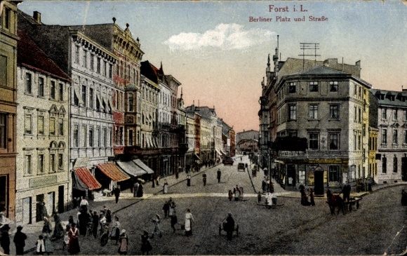 Postcard Forst in Lower Lusatia, Berliner Platz, street section