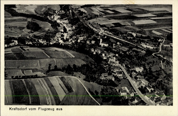Postcard Kraftsdorf in Thuringia, aerial view of agricultural land, houses