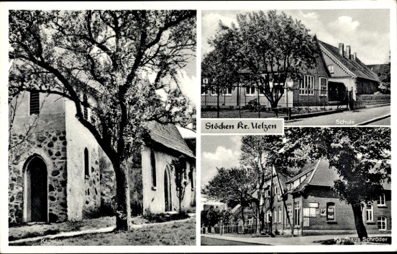Postcard Stöcken Oetzen Uelzen district, school, Schröder department store, chapel