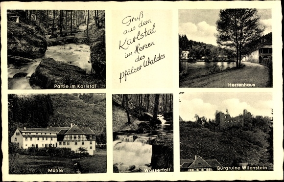 Postcard Karlstal Trippstadt in der Pfalz, mansion, mill, waterfall, castle ruins Wilenstein, forest