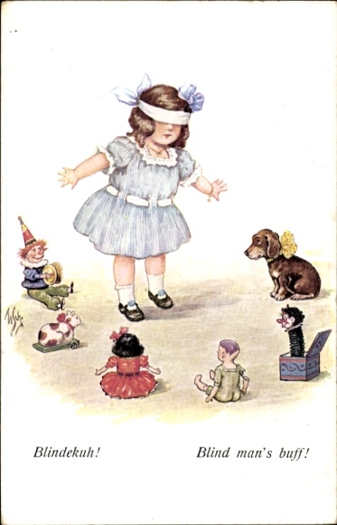 Artist Postcard Scheuermann, Willi, Blind Man's Bluff, girl with blindfold, doll, toys