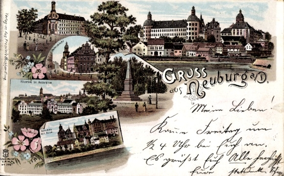 Chromo-Litho Neuburg Donau Upper Bavaria, castle, bridge, seminary, St. Peter's Church, St. Augustin Monastery