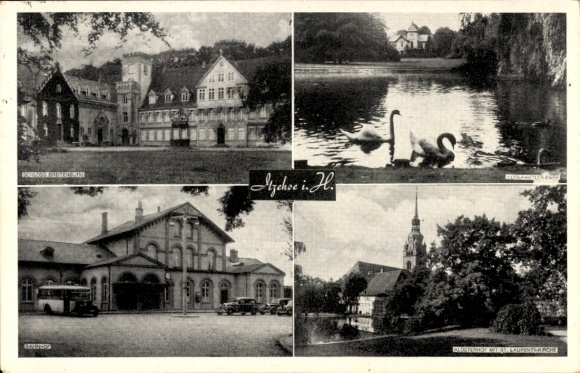 Postcard Itzehoe in Holstein, church, castle, train station, swans on the lake