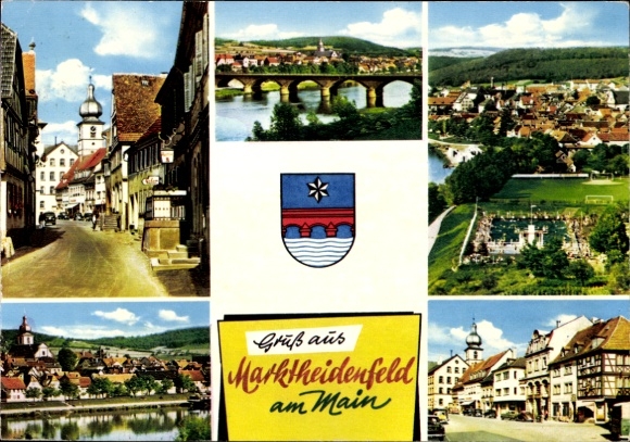 Postcard Marktheidenfeld in Spessart Lower Franconia, coat of arms, general view, bridge, street section