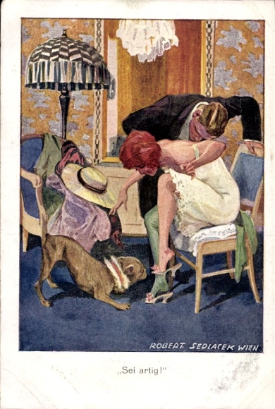Artist Postcard Sedlacek, Robert, Be good, red-haired woman in slip, man, dog