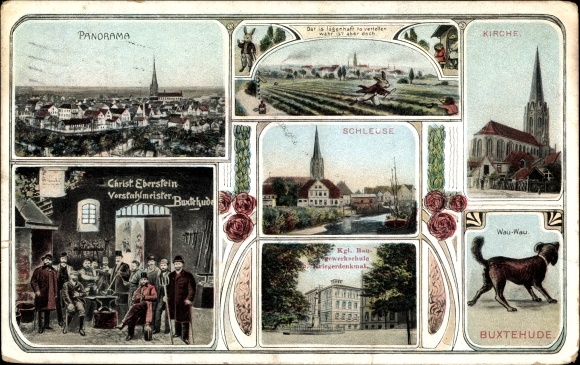 Ak Buxtehude in Niedersachsen, Kirche, Schleuse, Panorama, Vorstahlmeister Christ. Eberstein