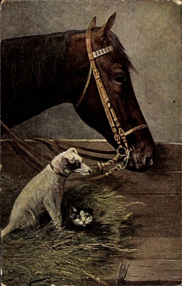 Artist Postcard Müller, A., dog with a kitten in the horse stable, black horse