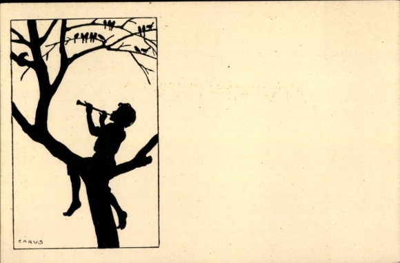 Paper cutting artist Postcard Carus, boy playing flute, birds on the tree