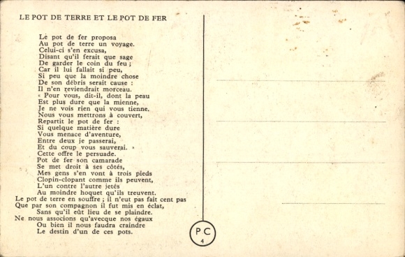 Postcard Fables de La Fontaine, girl destroys doll, Le Pot Terre et le Pot de Fer