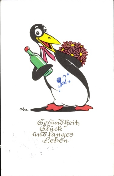 Artist PC Health, Happiness and Long Life, Penguin with bouquet of flowers