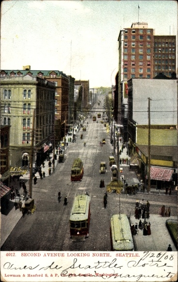 Postcard Seattle Washington USA, Second Avenue looking north, tram