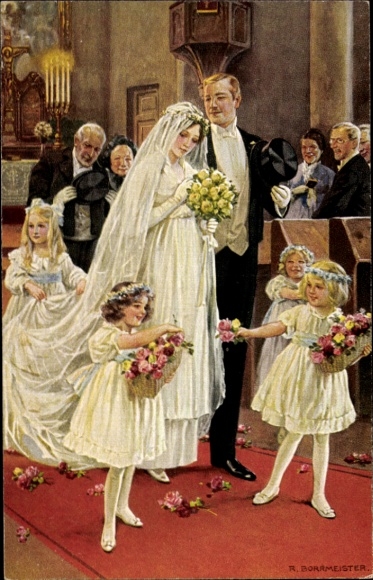 Artist Postcard Borrmeister, R., Towards happiness, couple after the wedding, wedding