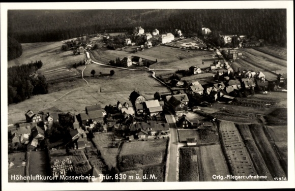 Postcard Masserberg in Thuringia, aerial view of the high-altitude health resort, 830 m above sea level.