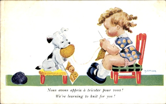 Artist Postcard Janser, Girl Knitting, Dog