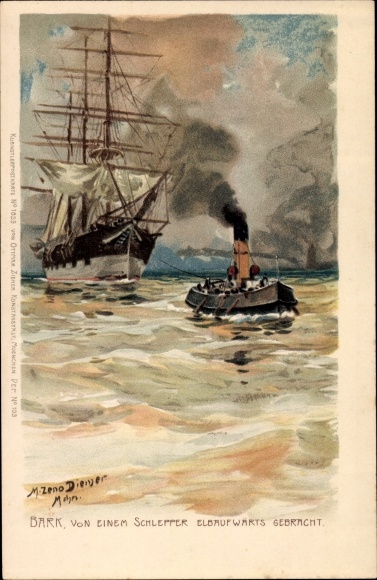 Artist Chromo-Litho Diemer, Zeno, Barque brought up the Elbe by a tugboat