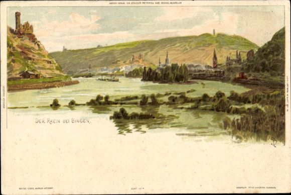Postcard Bingen am Rhein, The Rhine, hills, water, trees, buildings, landscape