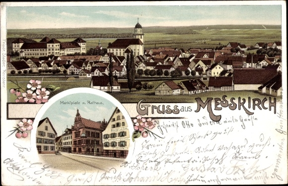 litho Messkirch in de Schwäbische Alb, totaalaanzicht van het dorp, marktplein, stadhuis