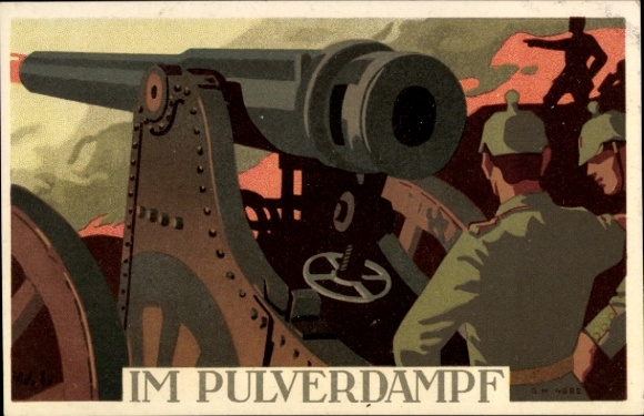 Postcard German soldiers, machine gun, gunpowder smoke, Imperial era