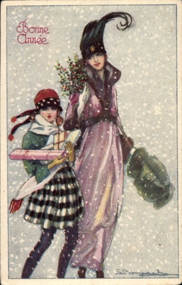 Artist Postcard Bompard, Sergio, Happy New Year, woman and girl, gifts