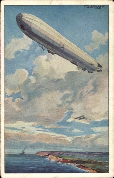 Artist PC Schulze, Hans Rudolf, Reichsmarine airship, guards the German Baltic Sea coast