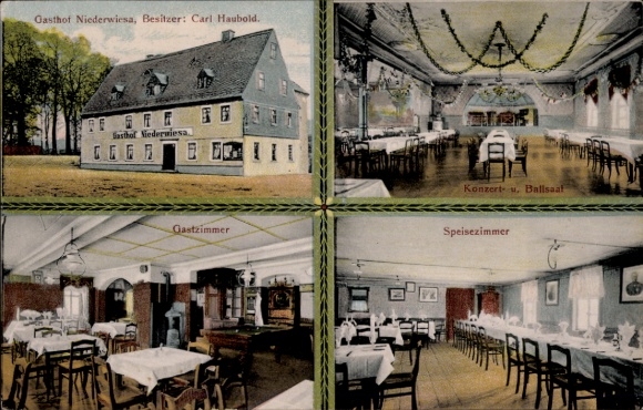 Ak Niederwiesa Sachsen, Gasthof  Besitzer Carl Haubold, Gastzimmer, Konzert- und Ballsaal, Speise