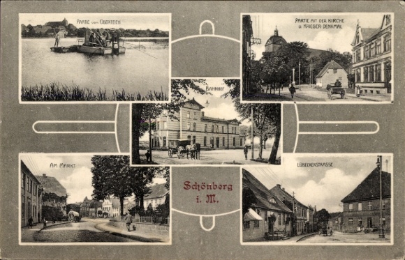Postcard Schönberg in Mecklenburg, train station, church, war memorial, Lübecker Straße, Am Markt, Oberteich
