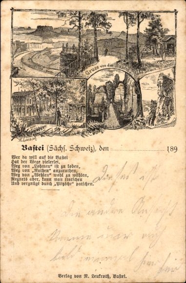 Voorloper postwaardestuk litho Lohmen in het Elbezandsteengebergte, Bastei, Saksisch Zwitserland, 1893