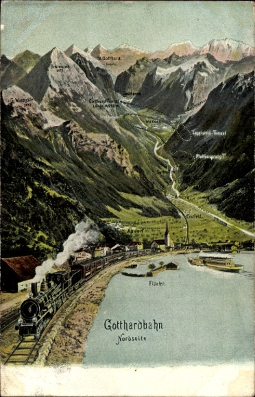 Postcard Flüelen Kt. Uri Switzerland, Gotthardbahn, Erstfeld, Dammastock, Leckihorn, Galenstock