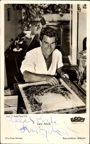 Postcard actor Lutz Moik, portrait, autograph, painting