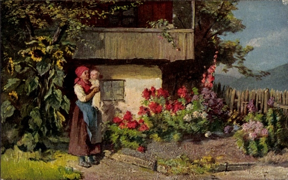 Artist Postcard Schultheiß, F., Summer day, woman with child, garden