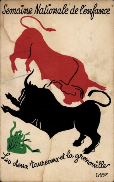 Artist Postcard Lesourt, The Two Bulls and the Frog, Fable, National Children's Week
