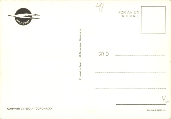 Postcard Spantax Spanish passenger aircraft, Convair CV 990 A Coronado