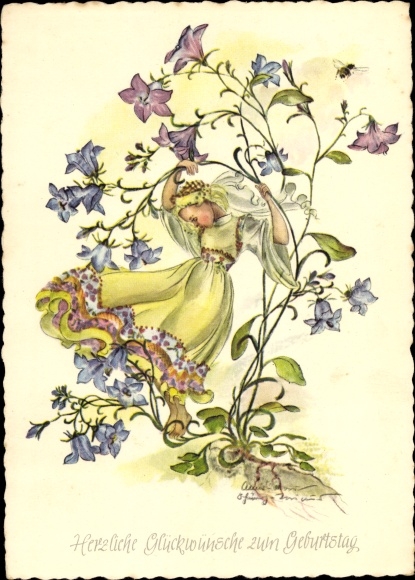 Artist Postcard Schwarz Torinus, congratulations birthday, girl, flowers