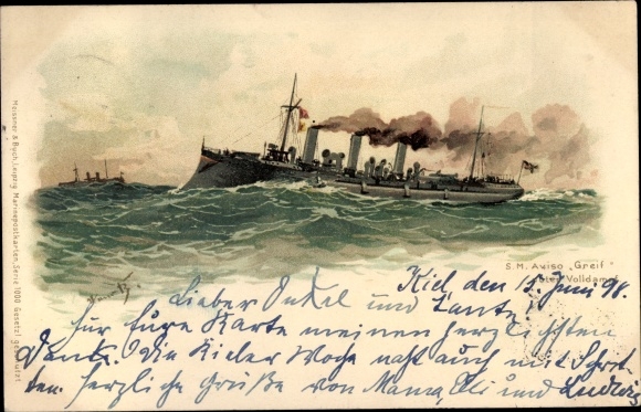 Artist Chromo-Litho Bohrdt, Hans, SM Aviso Greif under full steam, scout, despatch ship