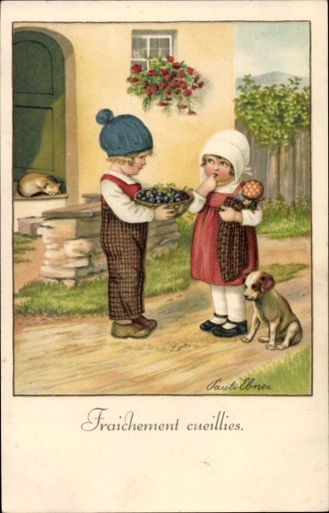 KP artysty Ebner, Pauli, Fraichement cueillies, dzieci z koszem śliwek, pies, kot, lalka